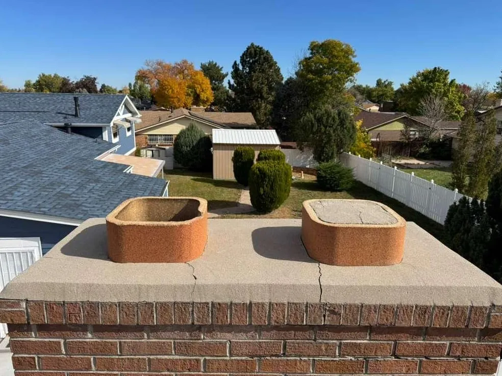 Two terracotta flue tile tops rising from a wide concrete crown with hairline cracks on a red brick chimney, above a fenced back yard and rooftops